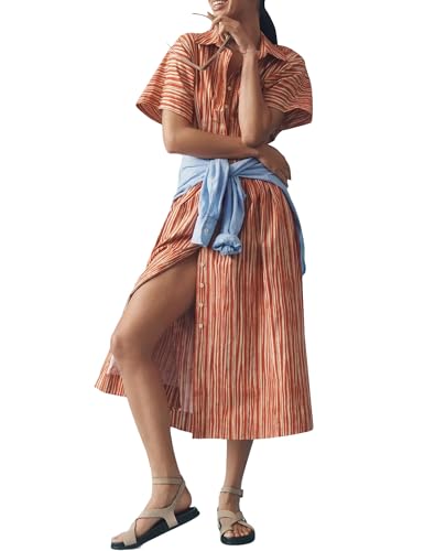 Image of SAFRISIOR Women Button Front Pleated Shirt Dress Brown Summer Striped Short Sleeve Lapel V Neck Corset Maxi Dress