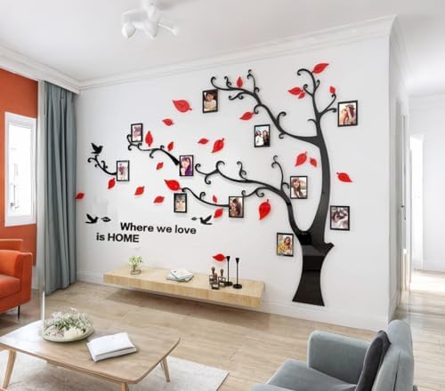 3D Tree Wall Stickers - DIY Photo Frame Tree Wall Decal Family Photo Frame Sticker Murals Wall Decor Living Room Bedroom TV Background Home Decorations (M:83 * 59in,Red Left)