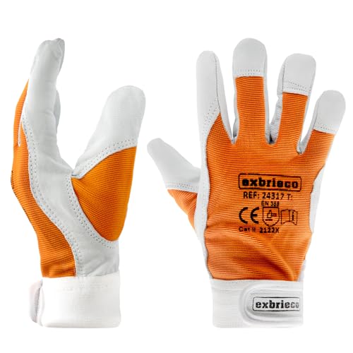 EXBRIECO Guantes de Piel de Cordero para Jardinería y Construcción, Guantes de Trabajo Profesionales en Cuero, Guantes de Protección Cat 2, Resistentes a Las Espinas, Ajustables con Cinta de Velcro