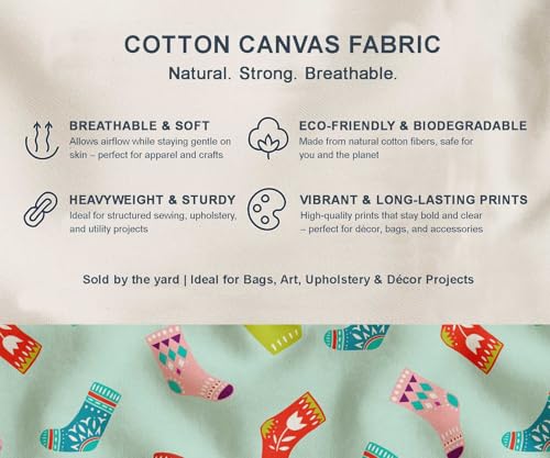 Image of Soimoi Green Cotton Canvas Fabric Socks & Gloves Folk Art Print Fabric by the Meter 56 Inch Wide