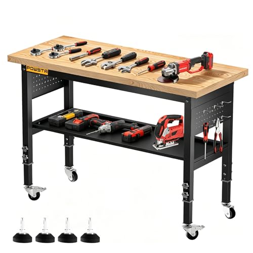 Image of POWSTR 120cm Adjustable Workbench, 5-Position Height Heavy Duty Work Bench with Solid Rubberwood Top, Pegboard & 6 Hooks, 900KG Load Capacity, Rolling 2-Tier Work Table for Garage, Workshop, Office
