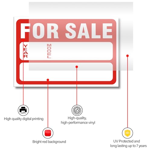 Image of 2 Pack For Sale Sign Car Sticker, 12 inch x 8 inch Reflective Vinyl Self-Adhesive Writeable Vehicle Sale Signs with Year Model Price Fields,Waterproof Easy Install Car Window Sticker for Used Car Sales, Auto Dealership (Red)