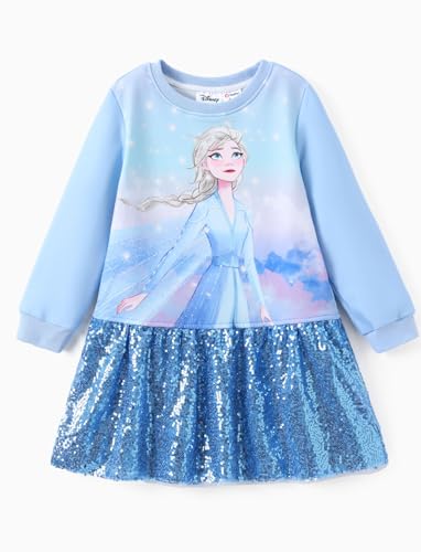 Disney Frozen Elsa Toddler Girl Dress Sequin Casual Long Sleeve Sweatshirt Dresses Character Print Cute Fall Outfit Birthday Party Gift Holiday Costume Clothes Sport Set Blue 4-5T
