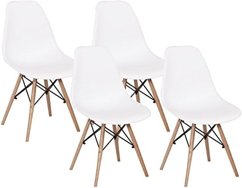 Mimo Life Mid Century Modern Style Eames Assembled Wooden Legs Side Chairs Plastic Shell Seat for Dining,Living Room and Kitchen,Bedroom, Set of 4, White