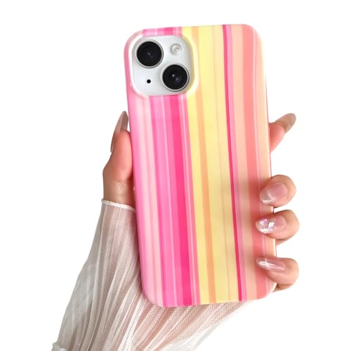 Yeddabox for iPhone 14 Case Rainbow Striped Phone Case for Women Girls, Pink, Yellow & Orange