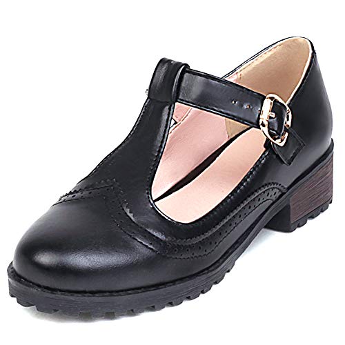 Odema sapato social feminino oxfords bico redondo fivela cinto sapato social, Preto, 4.5