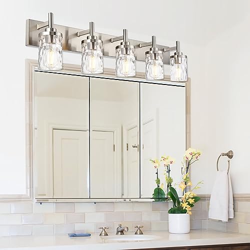 Image of Bathroom Vanity Lighting Fixtures 5 Lights,Brushed Nickel Bathroom Vanity Lights with Clear Hammered Shade Wall Sconce Lighting Modern Farmhouse Bath Lighting