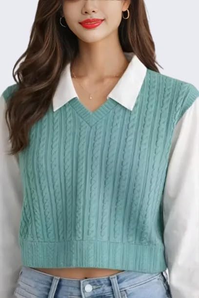 Image of Regular Fit Collared Knit Top for Women, Long Sleeve Casual T-Shirt, Black and White, Rib-Knit Material, Korean Trendy Style