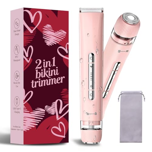 Bikini Trimmer for Women 2 in 1 Dual Head Bikini Shaver & Body Shaver Cordless & Waterproof Electric Bikini Trimmer for Women Painless Hair Removal with Silky Glow Finish Blush Pink