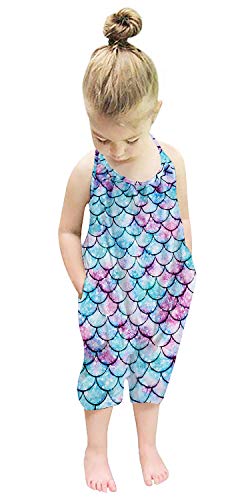 RAISEVERN Baby Girl Rompers Backless Slouch Jumpsuit Toddler Kid Jumper Cute Mermaid Harem Summer Beach Pants Halter Holiday Bodysuit,2-3T