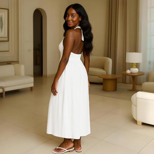 Image of Womens Backless Dress Sexy Halter Deep V Neck Maxi Dresses Sleeveless Long Cocktail Dress with Slit