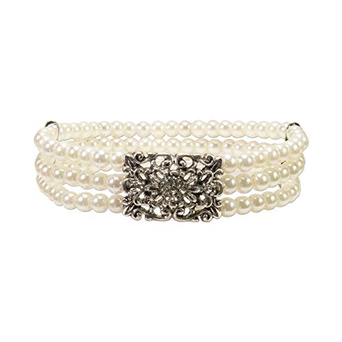 Alpenflüstern Perlen-Trachten-Armband Edda - elastische mehrreihige Trachten-Armkette mit Strass-Mittelteil, eleganter Damen-Trachtenschmuck, Perlenarmband Creme-weiß, klare Steine DAB060