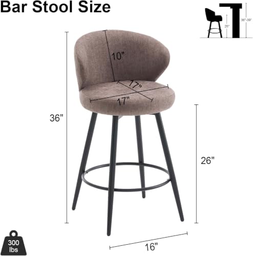 Image of 360 Swivel Modern Bar Stool Set of 3, 26 inch Upholstered Counter Height Bar Stools with Wingback, Soft Linen Fabric, Counter Chairs with Arm for Kitchen Island or Home Bar, Brown