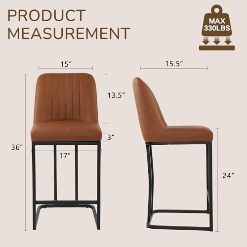 Image of LSSBOUGHT Counter Height Bar Stools Set of 4,24'' Upholstered Padded Bar Chairs with Black Metal Iron Frame,Faux Leather Island Chairs(Brown, 4pcs)