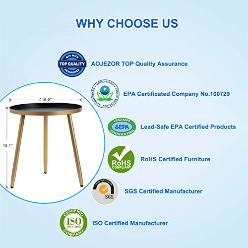 Aojezor Round End/Side Tables For Living Room, Bedrooms Narrow Night Stands Cute Pedestal Plant Stand For Balcony, Black Tray With 3 Legged Gold Coffee/ Accent Table #TOP5