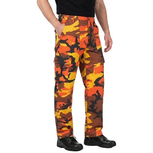 Image of Men’s Combat Trousers US Army M65 Military Style Multi Pocket Cargo Work Pants Tactical Casual Walking Outdoor Hiking Adjustable Waist Drawstring Leg - Orange Camo - 34