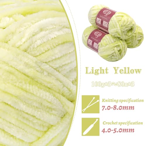 Image of LUNARM Chenille Yarn 3 Pack 3.5oz Chunky Blanket Velvet Yarn 263 Yard | Light Yellow Chunky Chenille Yarn for Beginners Crocheting Hand Knitting Scarves with Big Eye Needles Machine Washable