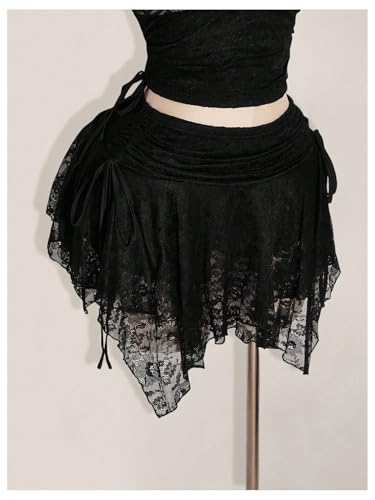 Verdusa Women's Plus Size Y2K Floral Lace Layered Ruffle Skirt Ruched Drawstring Party Club Mini Skirts3