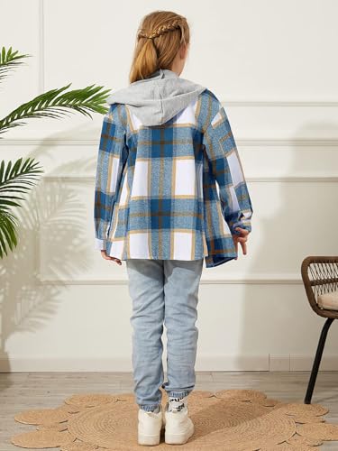 Image of Girls Cute Flannel Plaid Button Down Top with Pockets Long Sleeve Hooded Jacket