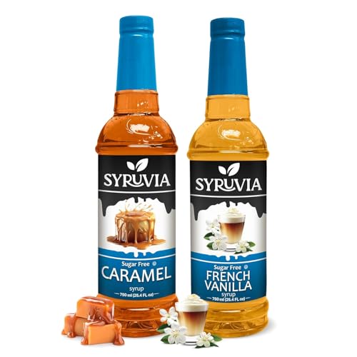 Syruvia Sugar Free Caramel & Sugar-Free French Vanilla Syrup - 25.4 fl oz Premium Coffee Flavoring Syrup. 0 Calories, Kosher, and Gluten-Free. Perfect for Drinks, Sodas, Shakes, Desserts, and More. - image 1