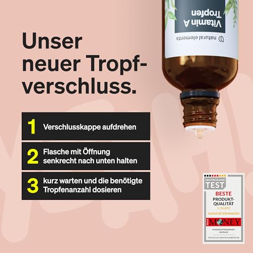 natural elements Vitamin A Tropfen – 50 ml – Vitamin A (Retinylpalmitat) in MCT-Kokosöl gelöst – vegan, hochdosiert, ohne unnötige Zusätze – in Deutschland produziert & laborgeprüft