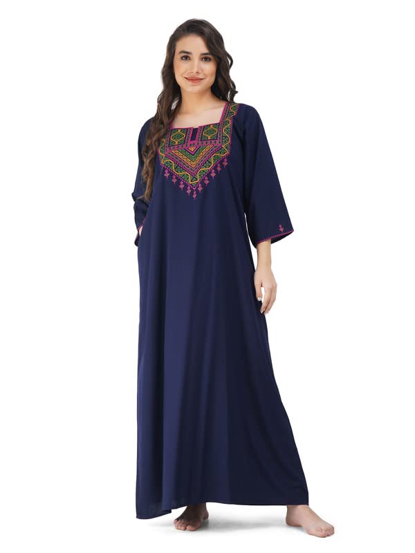 Image of Lissybissy Cotton Women Gown - Free Size with Side Pocket | Embroidery Full Sleeve Sleepwear | Loose Fit, Breathable, Comfortable & Soft Fabric Night Dress | Ideal for Gifting