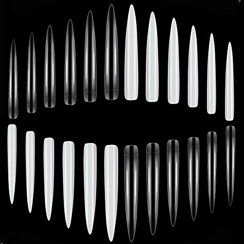 Buqikma 240PCS Extra Stiletto Long Sharp False Nail Tips Nail Acrylic False Tips Artificial Press on Fake Nails with bag (Clear +Natural)