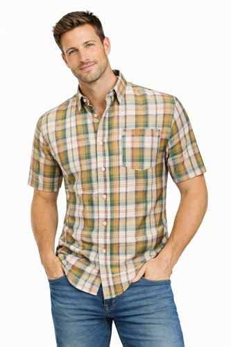 Blu Apparel Men's Checked Shirt Mens Shirts Short Sleeve and Long Sleeve Cotton Casual Shirt for Men (UK, Alpha, L, Regular, Regular, Green/Brown)