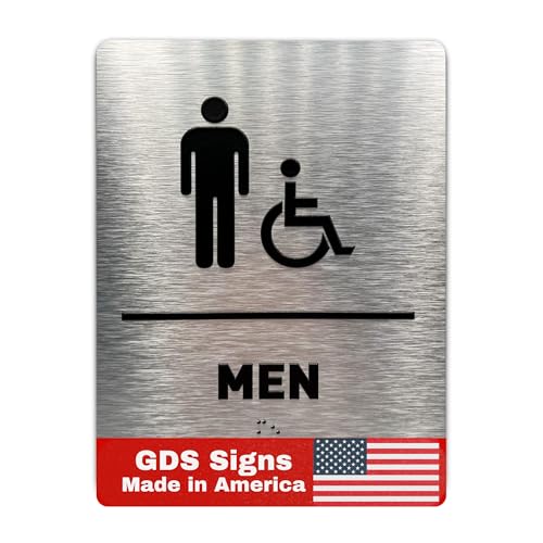 Men/Wheelchair Bathroom Sign by GDS - ADA Compliant, Wheelchair Accessible, Raised Icons, & Grade 2 Braille - Includes Adhesive Strips for Easy Installation - Bathroom Signs for Business, Restroom Sign, Restroom Signs for Business - 6" W x 8" H (Brushed Aluminum) - Made in USA