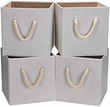 Robuy Set of 4 Beige Foldable Bamboo Fabric Cube Storage Bins with Cotton Rope Handle, Collapsible Resistant Basket Box Organizer for Shelves Size (10.5x10.5 x11 inch)