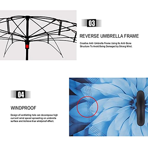 MRTLLOA 49/56 Inch Windproof Inverted Reverse Umbrella with UV Protection, Large, C-Shaped Handle, Double Layer, Stick Rain Umbrella for Men and Women(Blue Daisy)