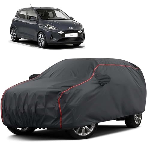 Image of Sulfar 100% Water Resistant Car Body Cover Compatible with Mirror for Hyundai i10 (Triple Stitched, Full Bottom Elastic, Dark Grey Taffeta with Red Piping)
