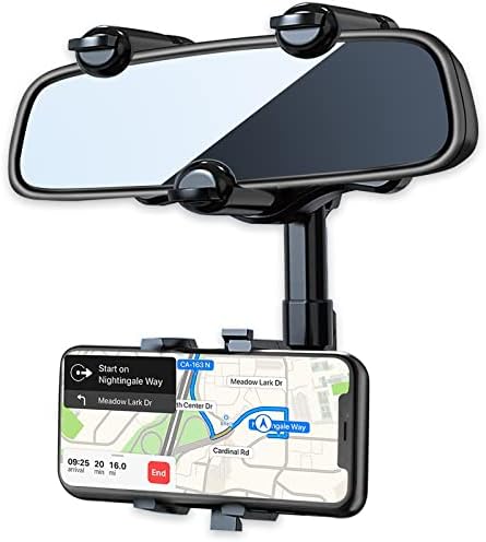 PKYAA Rearview Mirror Phone Holder for Car, 360° Rotating Rear View Mirror Phone Mount with Adjustable Arm Length, Multifunctional Phone and GPS Holder Universal Car Phone Holder for All Smartphones