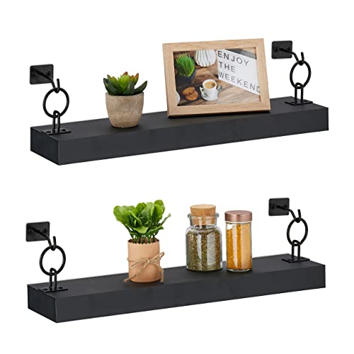 Relaxdays Schwarzes Wandregal im 2er Set Juego de 2 Estantes de Pared, Balda Flotante Decorativa, Repisa MDF y Metal, Pasillo, Salón, 13x48x12cm, Negro, Hierro, 2 Unidades