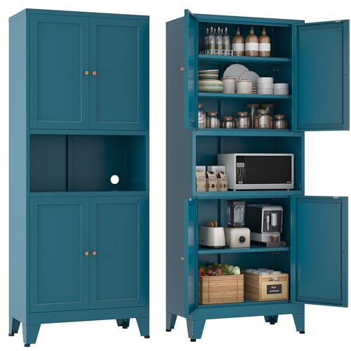 YAUWOH 69''Metal Pantry Storage Cabinet with 4 Doors & 3 Adjustable Shelves,Kitchen Pantry Cabinet with Microwave Shelf,Microwave Stand with Storage for Kicthen,Dining Room,Bathroom Blue