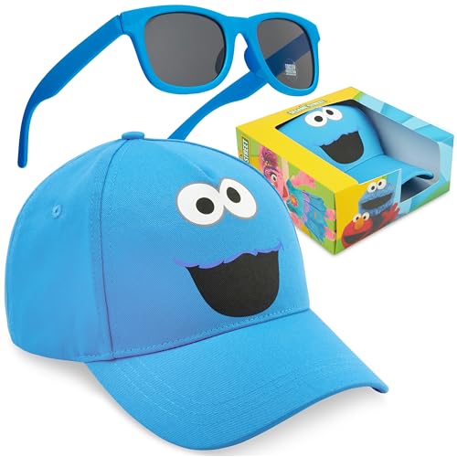 Sesame Street Cookie Monster Baseball Cap Sunglasses Set For Boys, Adjustable Summer Hat 100% Uv Shades, Holiday Essentials (Blue Cookie Monster)