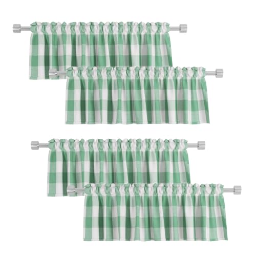 4 Pieces Buffalo Check Valances for Windows Living Room Classic Gingham Plaid Valance 16 inches Long Bedroom Bathroom Rod Pocket Country Farmhouse Kitchen Window Curtain Valances Green & White