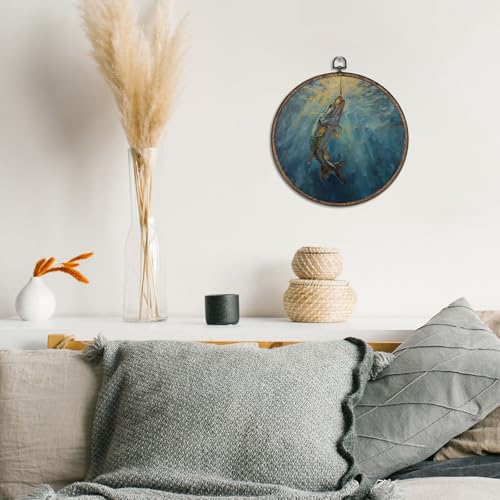 Giosve Vintage Coastal Beach Fish Round Wall Art Canvas Framed Poster, Fishing Lovers Gifts for Women Men, Ocean Fishing Scene Hanging Wall Sculptures for Home Bedroom Living Room Decor, 10x10 Inch by Giosve - Used condition - Image 6