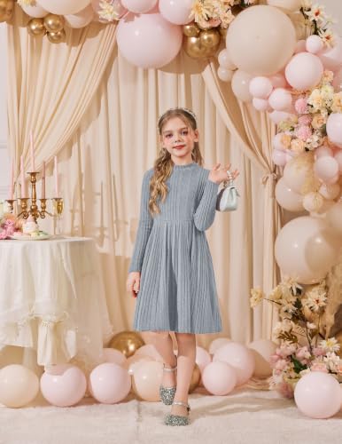 Image of Arshiner Girls Dresses Long Sleeve A Line Knit Sweater Dress with Pockets