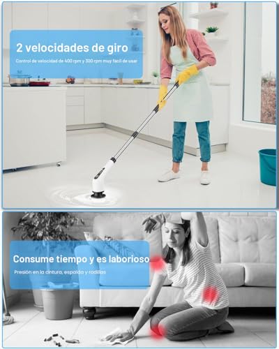 Miniatura 2 de Fregadora Giratoria Eléctrico, Cepillo De Limpieza Inalámbrico Con 8 Cabezas De Cepillo Reemplazables, Mopa Fregadora Para Bañera Y Azulejo De Piso Con 137cm Mango Ajustable Para Baño Cocina