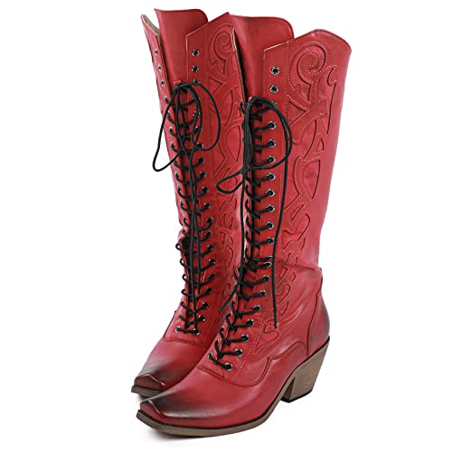 So Simpok Womens Retro Cowboy Boots Lace Up Mid Calf Boots Chunky Heel Snip Toe Riding Cowgirl Western Boots #TOP11