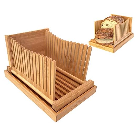 Fatiador de pão premium de bambu para pão caseiro, guia de corte para pão caseiro, utensílios de panificação, cortador de pão, fatiador de bolo, fatiador de bagel, dobrável e compacto com bandeja de