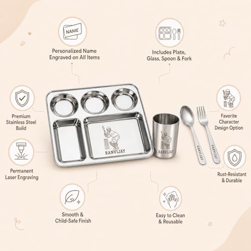 Image of SAVRI Personalized Stainless Steel Meal Set - Customized Five-Compartment Thali Plate with Child Name & Favorite Cartoon Character Engraved - Ideal Dinner Set for Kids, Return Gifts & Birthday
