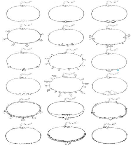 Honsny 18 PCS Anklets Gold Silver Beach Ankle Bracelets for Women Layered Adjustable Anklets Set Boho Summer Foot Chain Jewelry