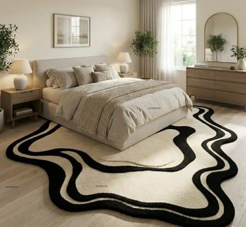Image of Hand Tufted Wool Rug 6x8 Ft - Modern Irregular Shape Aesthetic Carpet, 1 Inch Thick Pile, Anti-Skid Backing, Soft Handmade Woolen Area Rug for Living Room, Bedroom, Hall Decor