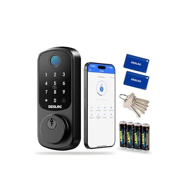DESLOC B200 Fingerprint Smart Door Lock, Keyless Entry Door Lock, App Control, Smart Locks for Front Door, Smart Deadbolt Lock, Touchscreen Keypad, Emergency Power Port, 12 Months Battery, IP54