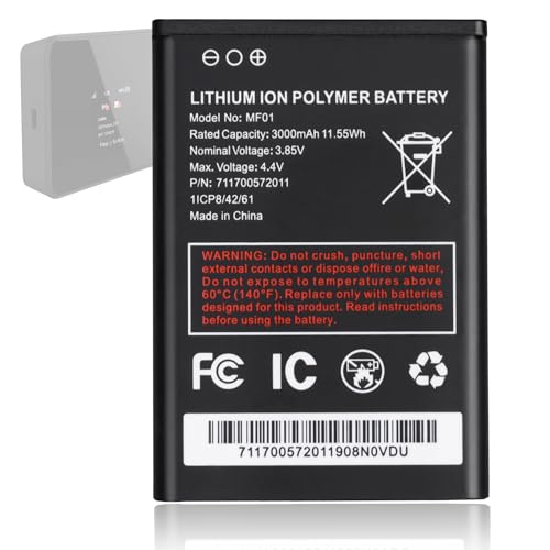 WRUMI MF01 Lithium Ion Battery Replacement: Lithium Polymer Battery Model MF01 for AT&T Turbo Hotspot 2 (CT2MHS01) MF01 1ICP8/42/61 PN 711700572011 3000mAh