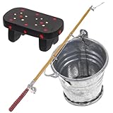 CVUTOVO 迷你釣り竿デコレーション デスクトップ用ミニ釣り竿 スタンド アイアンバケツ付き おしゃれなミニハウス用フィッシングスツール