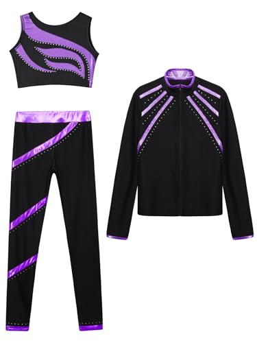 Kids Girls Dance Outfit 3 Pcs Gymnastic Suit Ice Skating Long Sleeve Jacket Crop Top with Pants Set Tracksuit3