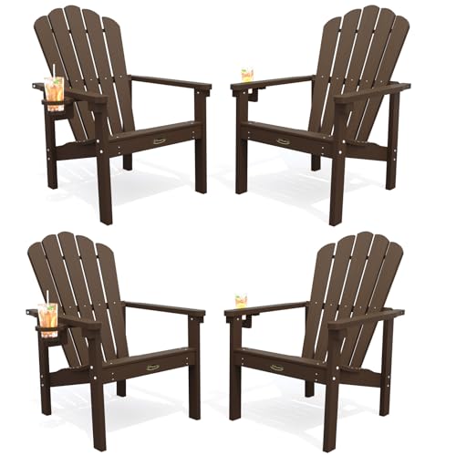 THOEOE Stackable Adirondack Chair Set of 4, HDPE All-Weather Adirondack Chairs - Durable and Space Saving, Plastic Outdoor Fire Pit Chairs with Cup Holder,Brown